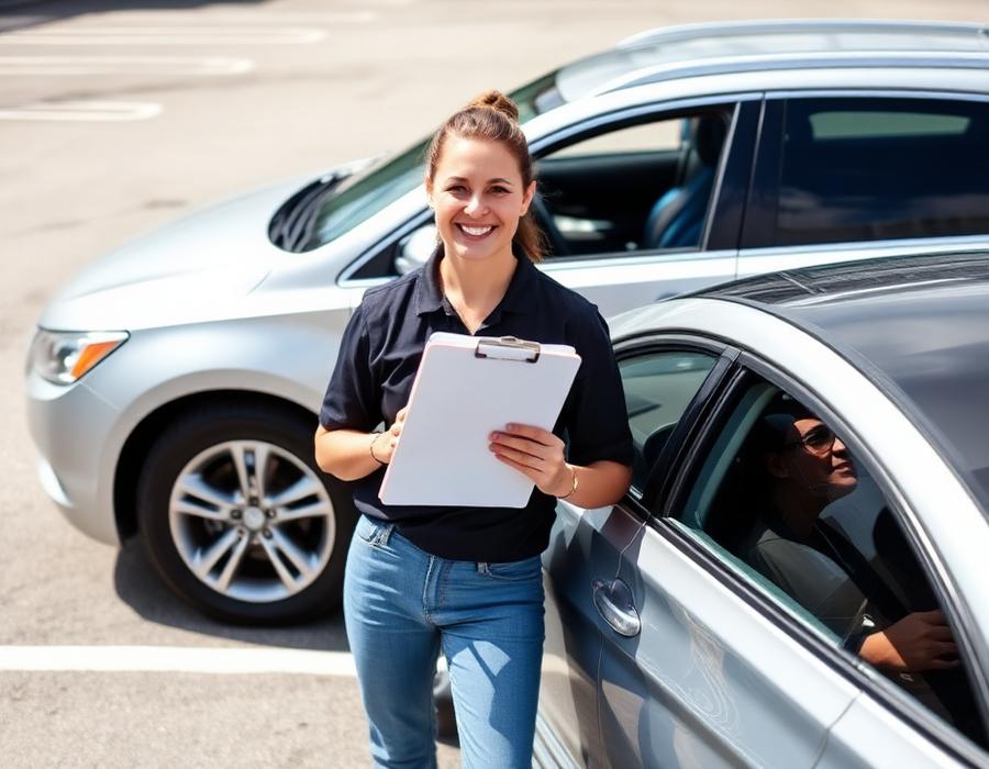 Driving instructor with a clipboard beside a training car